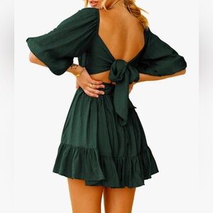 Dark Green Lantern Sleeve Tie Back Dress